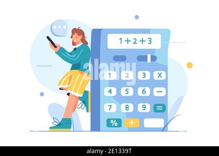 Girl counting numbers on a calculator in flet style Stock Vector