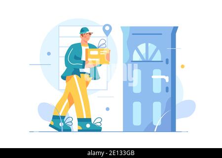Courier guy delivers goods to the door Stock Vector