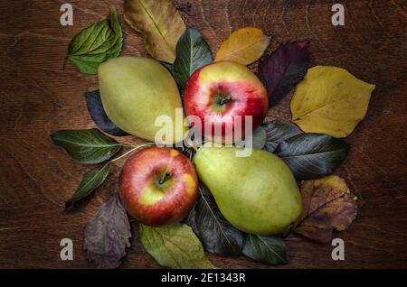 autumn background with fruits and nuts on fall foliage Stock Photo