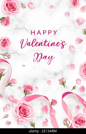 Valentines Day background with rose petals and rose buds. Rose flowers with pink ribbon on marble background. 3d realistic vector. Holiday poster Stock Vector