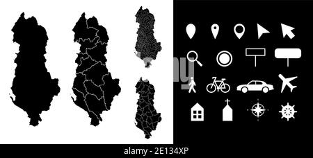 Map of Albania administrative regions departments with icons. Map location pin, arrow, looking glass, signboard, man, bicycle, car, airplane, house, c Stock Vector