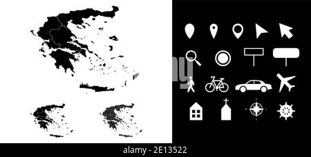Map of Greece administrative regions departments with icons. Map location pin, arrow, looking glass, signboard, man, bicycle, car, airplane, house. Ro Stock Vector