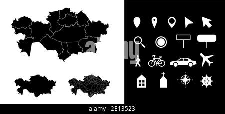 Map of Kazakhstan administrative regions departments with icons. Map location pin, arrow, looking glass, signboard, man, bicycle, car, airplane, house Stock Vector