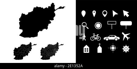Map of Afghanistan administrative regions departments with icons. Map location pin, arrow, looking glass, signboard, man, bicycle, car, airplane, hous Stock Vector