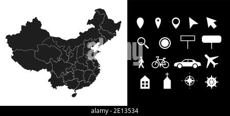 Map of China administrative regions departments with icons. Map location pin, arrow, looking glass, signboard, man, bicycle, car, airplane, house. Roy Stock Vector