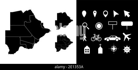 Map of Botswana administrative regions departments with icons. Map location pin, arrow, looking glass, signboard, man, bicycle, car, airplane, house. Stock Vector