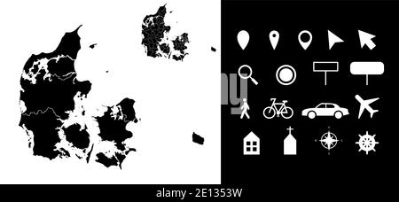 Map of Denmark administrative regions departments with icons. Map location pin, arrow, looking glass, signboard, man, bicycle, car, airplane, house. R Stock Vector