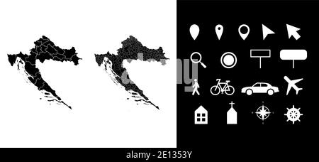 Map of Croatia administrative regions departments with icons. Map location pin, arrow, looking glass, signboard, man, bicycle, car, airplane, house. R Stock Vector