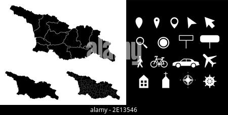Map of Georgia administrative regions departments with icons. Map location pin, arrow, looking glass, signboard, man, bicycle, car, airplane, house. R Stock Vector