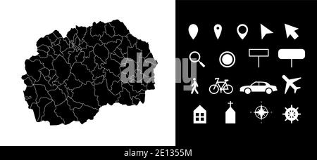 Map of Macedonia administrative regions departments with icons. Map location pin, arrow, looking glass, signboard, man, bicycle, car, airplane, house. Stock Vector
