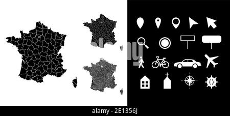 Map of France administrative regions departments with icons. Map location pin, arrow, looking glass, signboard, man, bicycle, car, airplane, house, ch Stock Vector