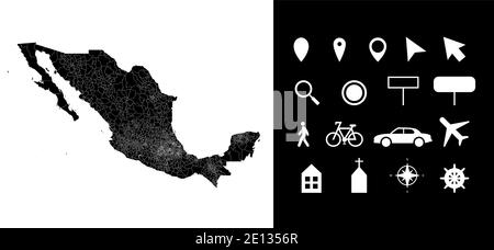 Map of Mexico administrative regions departments with icons. Map location pin, arrow, looking glass, signboard, man, bicycle, car, airplane, house. Ro Stock Vector