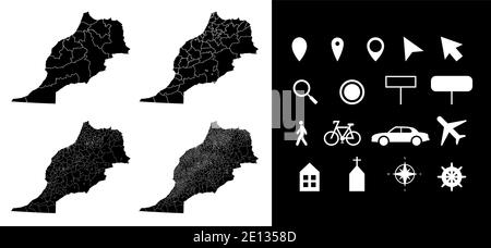 Map of Morocco administrative regions departments with icons. Map location pin, arrow, looking glass, signboard, man, bicycle, car, airplane, house. R Stock Vector