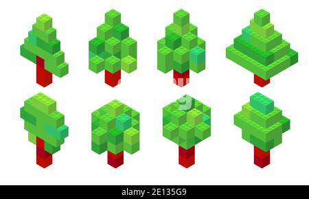 Set of trees in isometric view collected from plastic bricks. Coniferous and deciduous. Christmas tree. Vector illustration Stock Vector