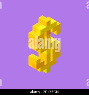 Yellow dollar sign assembled from plastic blocks in isometric view. Pop art style vector illustration Stock Vector