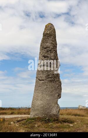 Menhir Cam Louis - megalithic monument in Plouescat in Brittany, France Stock Photo