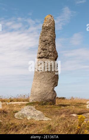 Menhir Cam Louis - megalithic monument in Plouescat in Brittany, France Stock Photo