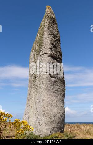 Menhir Cam Louis - megalithic monument in Plouescat in Brittany, France Stock Photo