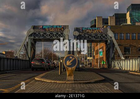 Scherzer rolling lift bridge, North Wall Quay and Custom House Quay, Dublin Stock Photo