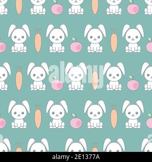 Cute seamless pattern with cartoon funny rabbits. Childish background. Pattern with doodle. Vector kawaii illustration. Stock Vector