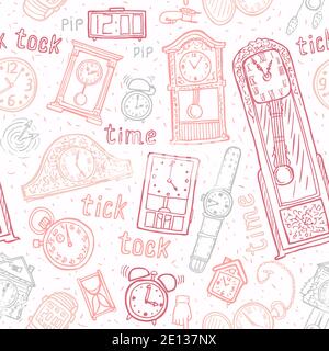 Seamless watches background. Vector time symbols. Hand-drawn illustration. Stock Vector