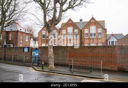 Brighton UK 4th January 2021 - It's quiet outside Queen's Park Primary School in Brighton after the Brighton & Hove City Council advised primary schools in the city to remain closed and move to remote online learning until the 18th January  : Credit Simon Dack / Alamy Live News Stock Photo