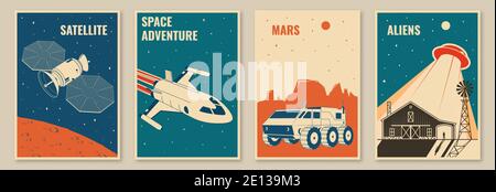 Space mission posters, banners, flyers. Vector illustration. Concept for shirt, print, stamp. Vintage typography design with space rocket, mars rover and ufo flying spaceship silhouette. Stock Vector