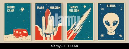Space mission posters, banners, flyers. Vector illustration. Concept for shirt, print, stamp. Vintage typography design with space rocket, alien and camper silhouette. Stock Vector