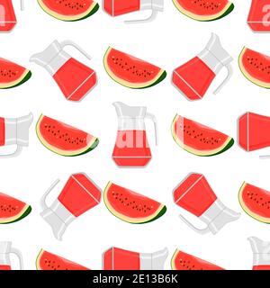 Illustration on theme colored lemonade in watermelon jug for natural drink. Lemonade pattern consisting of kitchen accessory, watermelon jug to organi Stock Vector