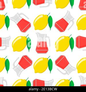 Illustration on theme big colored lemonade in lemon jug for natural drink. Lemonade pattern consisting of collection kitchen accessory, lemon jug to o Stock Vector