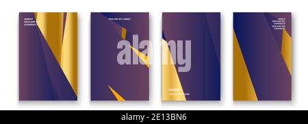 Luxurious and rich cover vector illustration set, golden foil and gold lines. Purple yellow abstract background template invitation. Geometric shapes Stock Vector