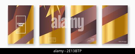Luxurious and rich cover vector illustration set, golden foil and gold lines. Brown abstract background template invitation. Geometric shapes trendy p Stock Vector
