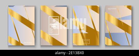 Luxurious and rich cover vector illustration set, golden foil and gold lines. Pink pastel abstract background template invitation. Geometric shapes tr Stock Vector