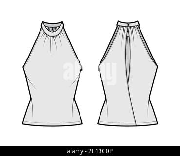 Top banded high neck halter tank technical fashion illustration with wrap, slim fit, tunic length. Flat apparel outwear template front, back, grey color. Women men unisex CAD mockup Stock Vector