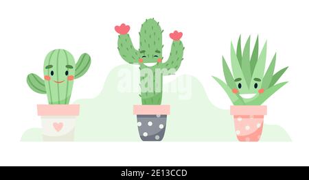 Set of cute succulents. Funny characters in cartoon style Stock Vector ...