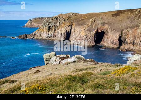 Detailed Image of Cornish Coast Near Lands End. Granite Cliff View of Pendower Coves with Higher Bosistow Cliff, Coast Path; Stock Photo