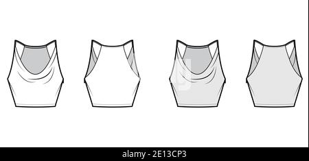 Tank low cowl Crop Camisole technical fashion illustration with thin adjustable straps, slim fit, waist length. Flat outwear top template front, back, white, grey color. Women men unisex CAD mockup Stock Vector