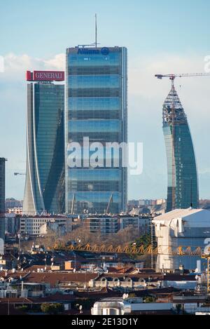 The three towers of City Life district in Milan. The towers were designed by architects Hadid, Libeskind and Isozaki Stock Photo