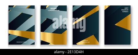 Luxurious and rich cover vector illustration set, golden foil and gold lines. Blue dark abstract background template invitation. Geometric shapes tren Stock Vector