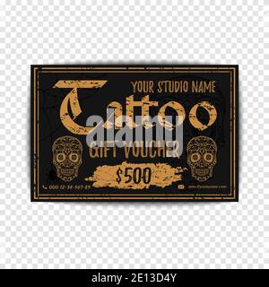 Vintage Tattoo gift voucher. Template for your tattoo studio. Black grunge gift card with sugar rskulls. Stock Vector