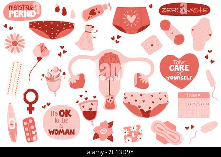 Menstruation set. Bundle of menstruation, period, female uterus, zero waste feminine hygiene products stickers. Hand drawn vector illustration in flat Stock Vector