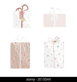 Valentine day gift boxes set. Wrapped packages decorated with ribbon bows, plants and wooden heart, isolated on white background. Vector illustration Stock Vector