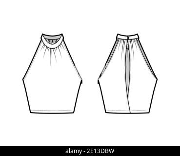 Top crop banded high neck halter tank technical fashion illustration with wrap, slim fit, waist length. Flat apparel outwear template front, back, white color. Women men unisex CAD mockup Stock Vector