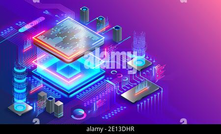 Blockchain cryptocurrency technology isometric concept. Graphic cpu miner mines electronic crypto currency. Banking Blockchain Fintech. CPU processor Stock Vector