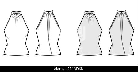 Top banded high neck halter tank technical fashion illustration with wrap, slim fit, tunic length. Flat apparel outwear template front, back, white, grey color. Women men unisex CAD mockup Stock Vector