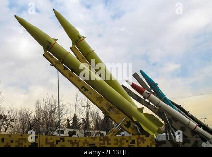 Iranian made short-range ballistic missiles displayed at the 'Authority 40' military exhibition in Tehran. Stock Photo