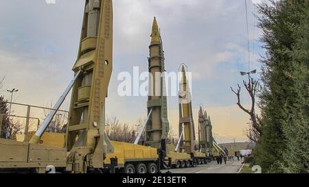 Iranian made medium-range ballistic missiles displayed at the 'Authority 40' military exhibition in Tehran. Emad missile is in the middle Stock Photo