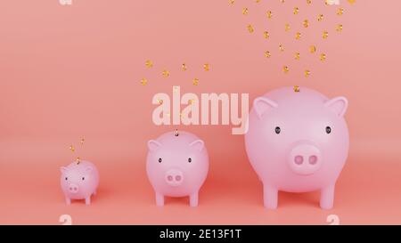 Pink piggy bank and falling gold coins with dollar sign with pink background. Concept of saving money. Concept of Growing up money. 3d render illustra Stock Photo