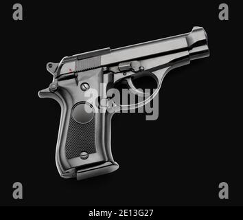 Black automatic handgun on black background with copy space conceptual of marksmanship, crime, violence or self defence Stock Photo