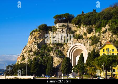 View of Castle Hill from Port of Nice, French Riviera. Stock Photo